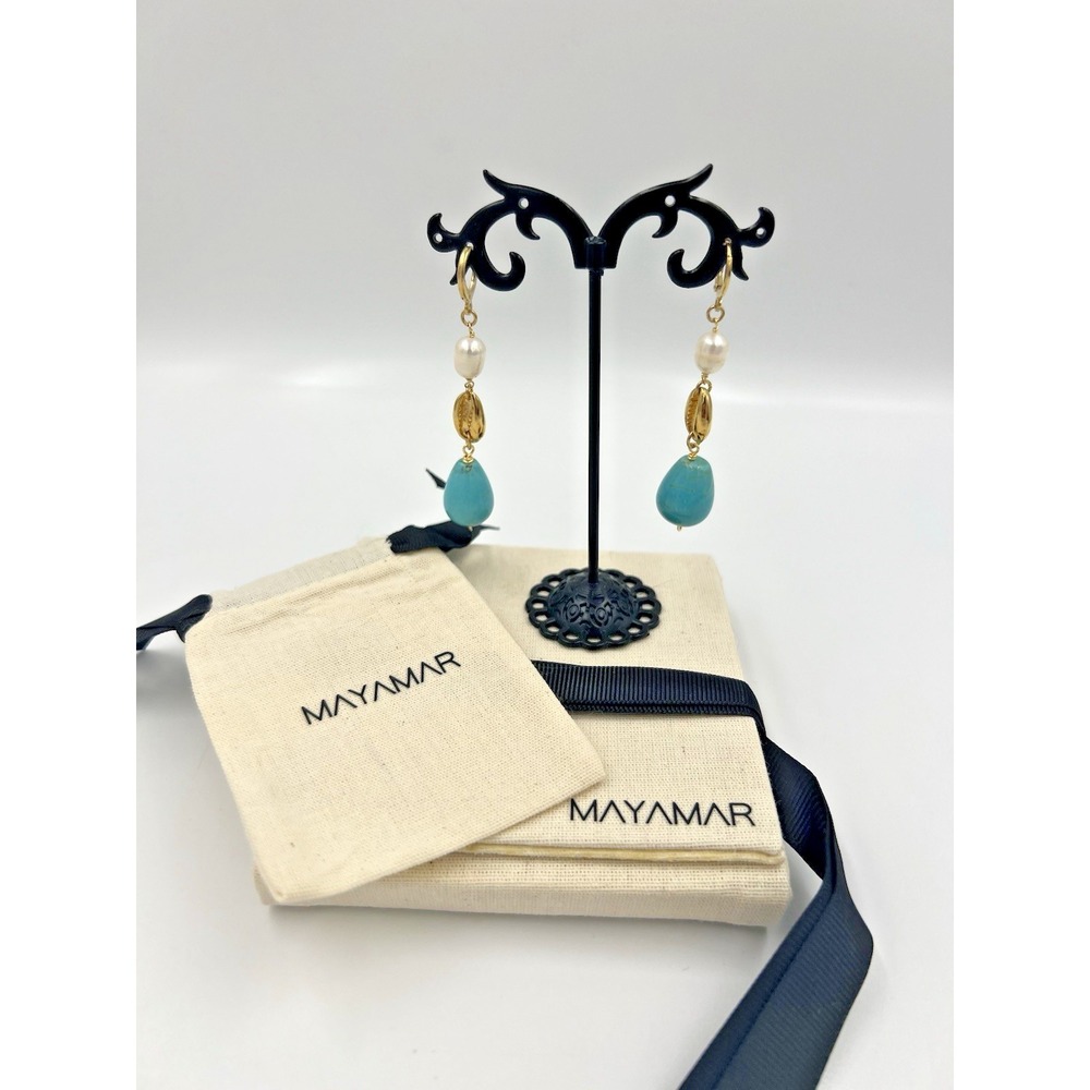 Mayamar Gold Plated Faux Pearls and Faux Turquoise Stone Drop Earrings - Picture 1 of 5
